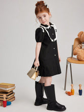 PrepCrw Young Girls' Autumn/Winter Preppy Style Black & White Ruffle Trim Woven Fitted Turndown Collar Front Button Down Dress